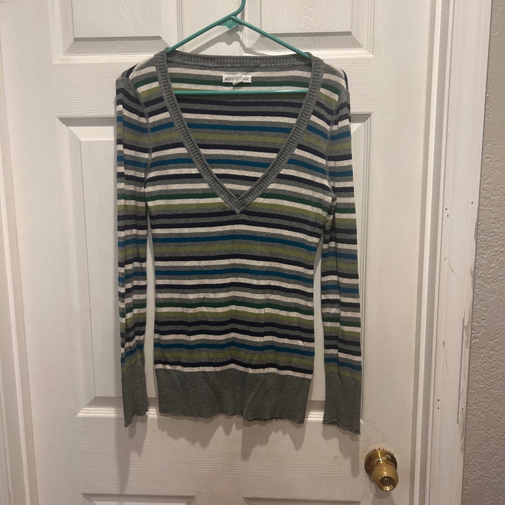 Aeropostale Womens‎ Striped V Neck Long Sleeve Top Gray Green Blue Large
